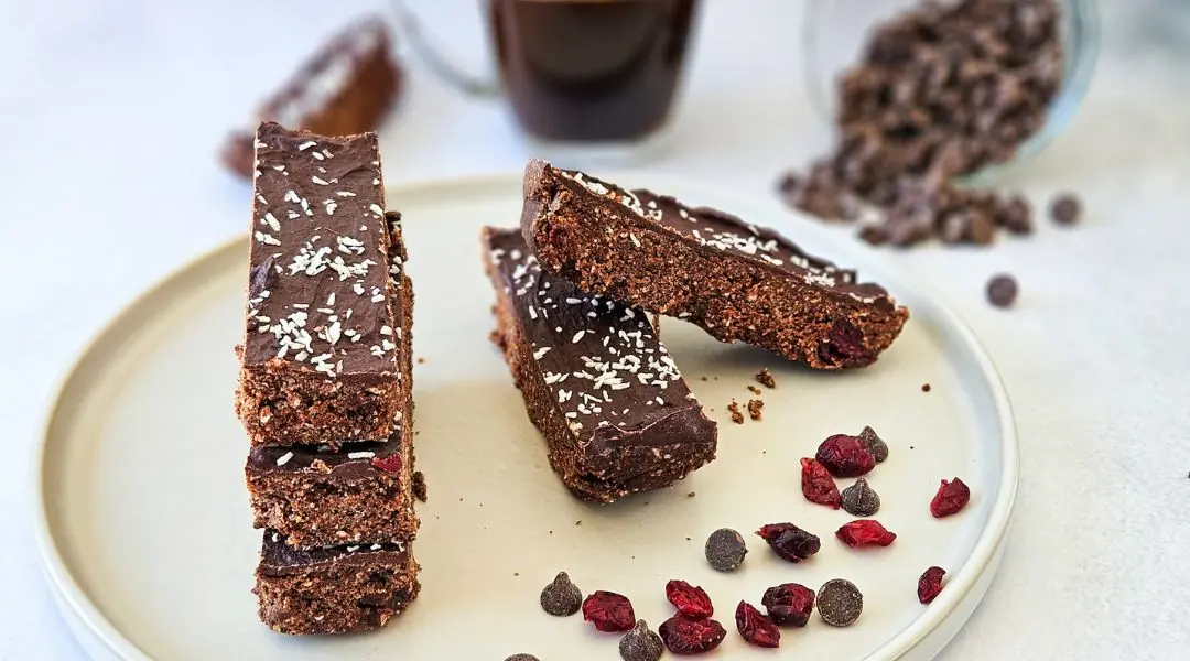 Chocolate and dried cranberry protein bars topped with shredded coconut, served on a plate
