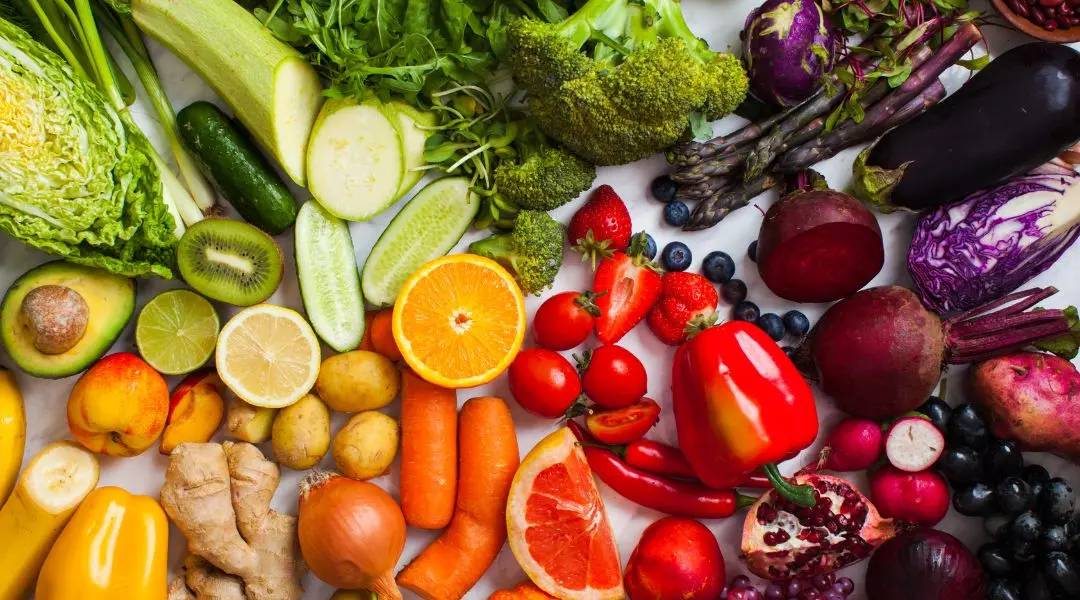 Colorful assortment of fresh fruits and vegetables.