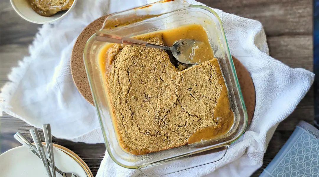 Traditional Quebec-style pudding in a glass dish