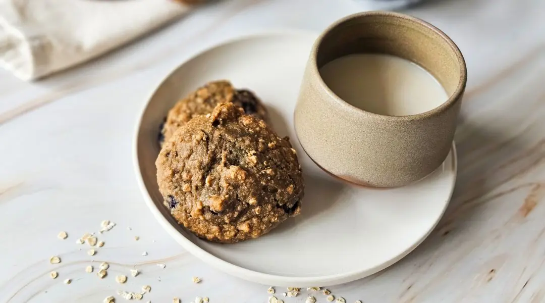 Oatmeal blueberry cookies served with a cup of plant-based milk on a beige plate