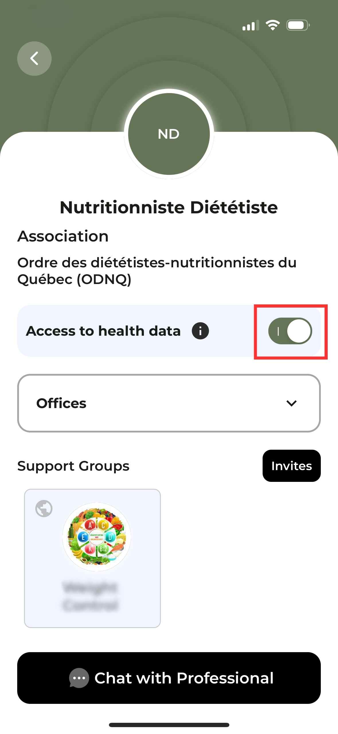 How do I authorize the sharing of my health data with my nutritionist?