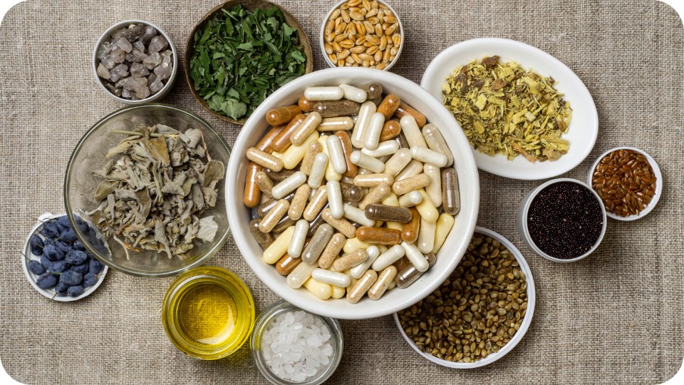 Supplements and food on table