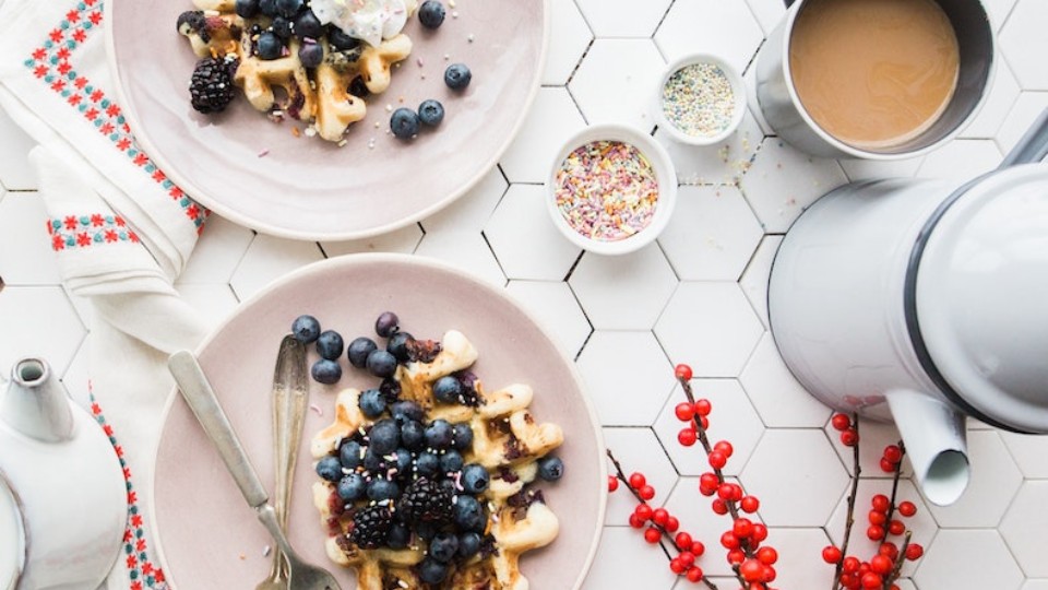 brunch with fruit waffles and coffee