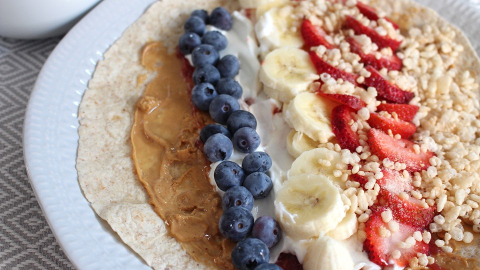 Breakfast Tortilla with Fruits, Peanut Butter, and Rice Krispies