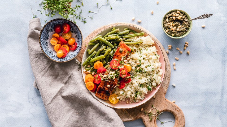 salmon plate with beans and rice