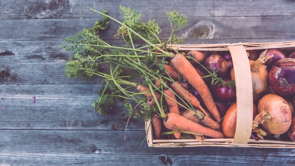 organic vegetable basket on a wooden table