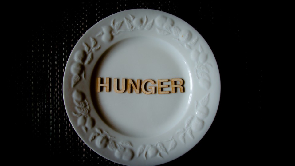 plate with fruits symbols with ''HUNGER'' inscription