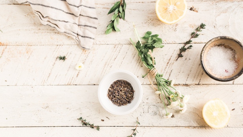 herbs on a wooden table