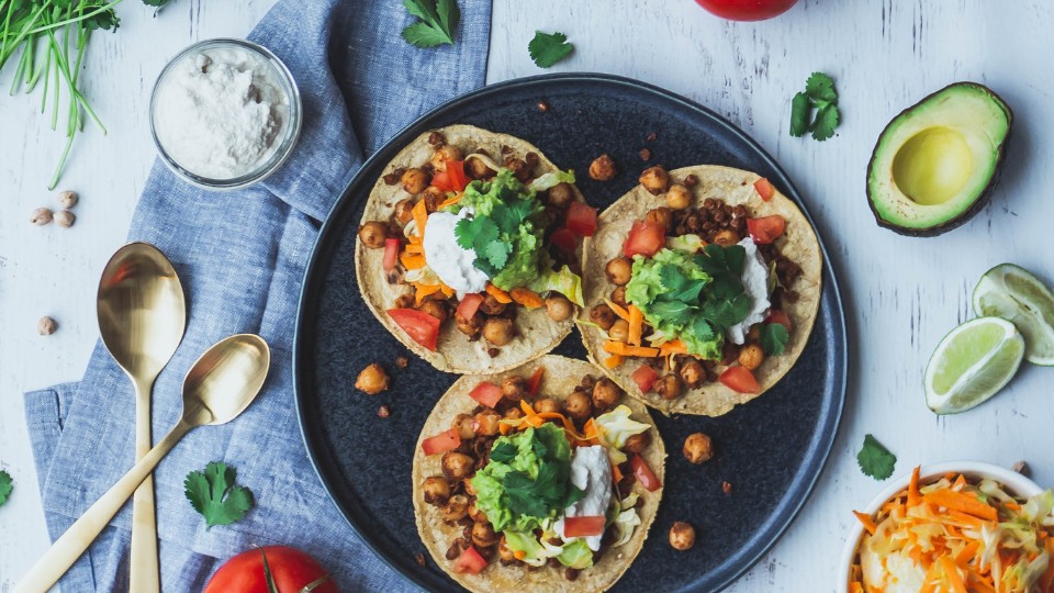 vegetable protein on a tortilla, nacho-style