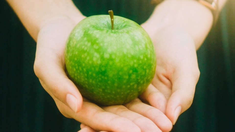 Green apple in hands