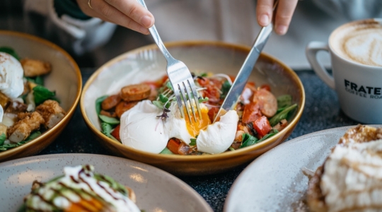 eggs, sausages and vegetables in a bowl