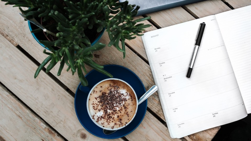 A coffee, agenda and a plant on a wood table