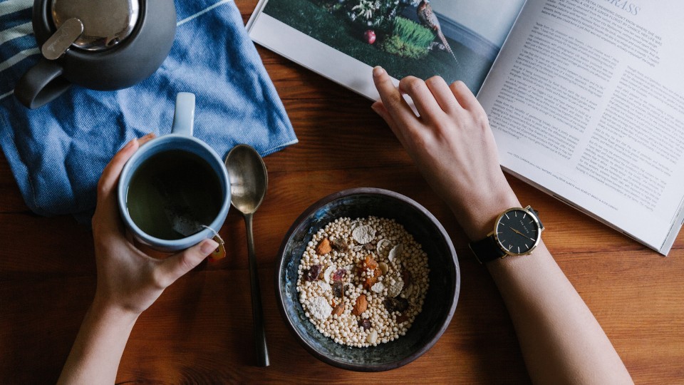 breakfast with tea and a book