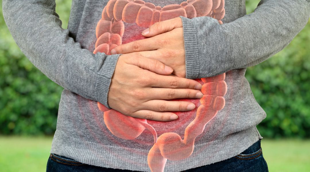 a person holding their belly with an intestine drawing