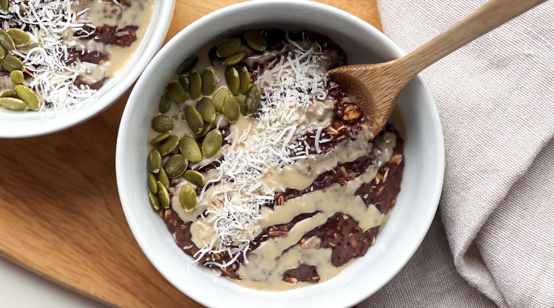 Protein Oatmeal with Chocolate, Coconut, and Tahini