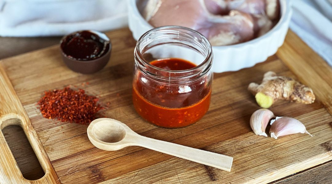 Jar of spicy red sauce on a cutting board with chili powder, fresh ginger, garlic cloves, and raw chicken in the background