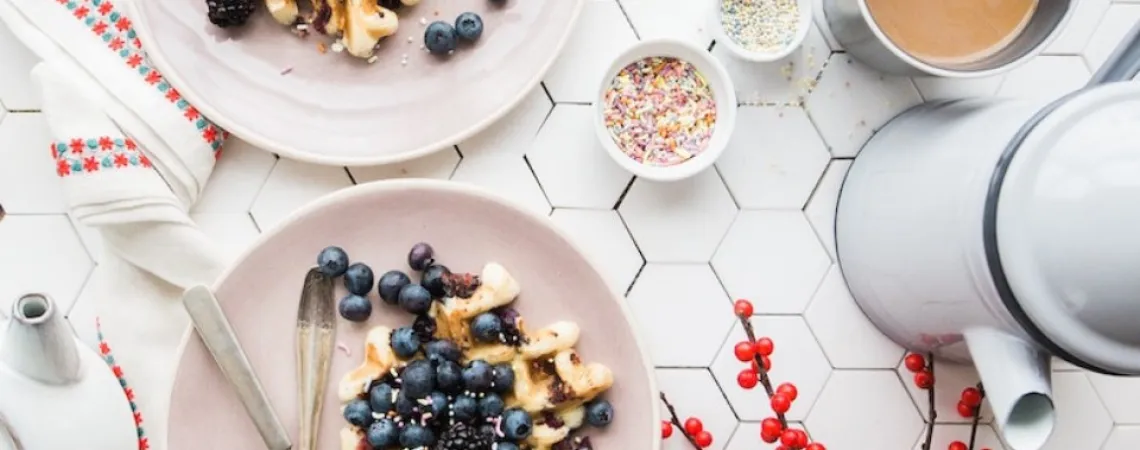 brunch with fruit waffles and coffee
