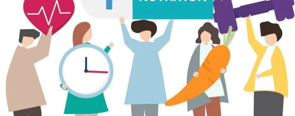 illustration d'adultes tenant dans les mains un coeur, une horloge, un comprimé, une carotte et un haltère
