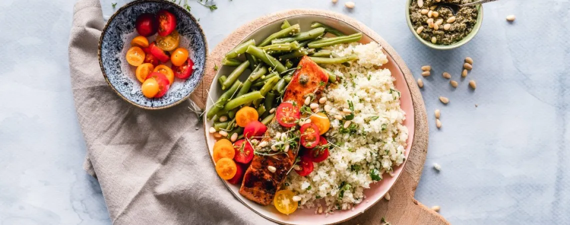 salmon plate with beans and rice