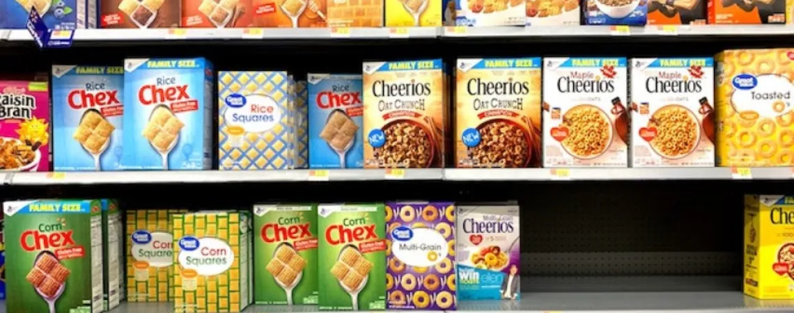 ultra-processed products in a grocery store, cereal boxes