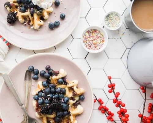 brunch with fruit waffles and coffee