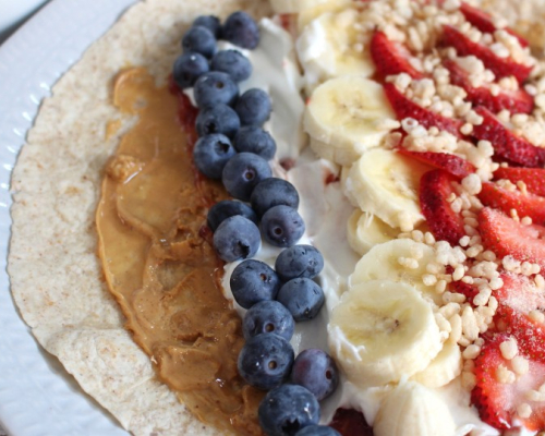 Breakfast Tortilla with Fruits, Peanut Butter, and Rice Krispies