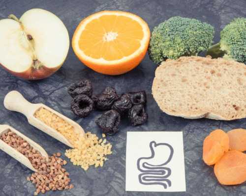 Fibre-rich foods including fruits like apples and oranges, vegetables like broccoli, whole grain bread, dried apricots, prunes, as well as cereals such as buckwheat and brown rice, placed next to an illustration of a stomach to represent potential discomforts related to the presence of FODMAPs.