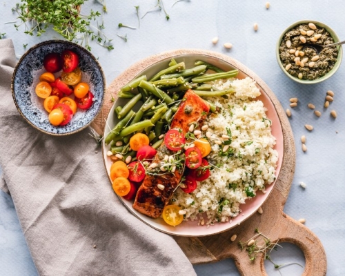 salmon plate with beans and rice