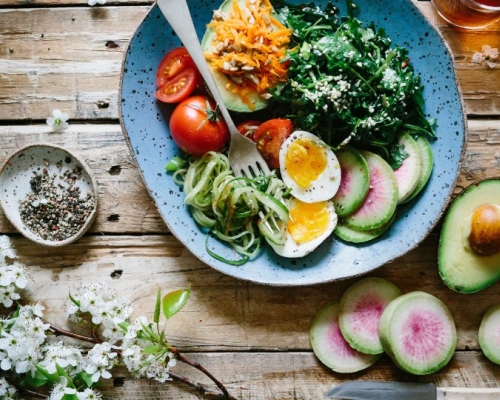 bowl with tomatoes, egg and greens