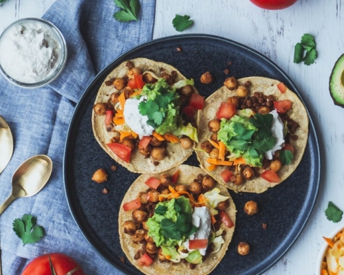 vegetable protein on a tortilla, nacho-style