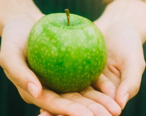Green apple in hands