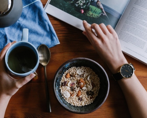 breakfast with tea and a book