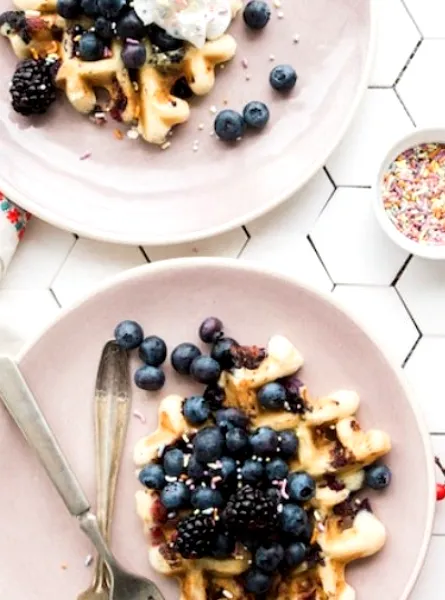 brunch with fruit waffles and coffee