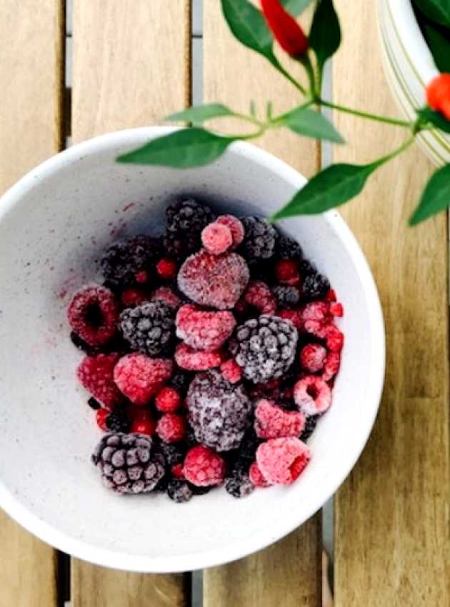 frozen fruit in a bowl with hot pepper