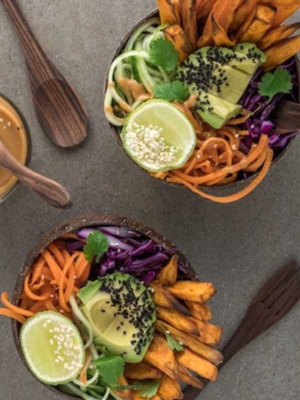 vegetable bowl with avocado and peanut sauce