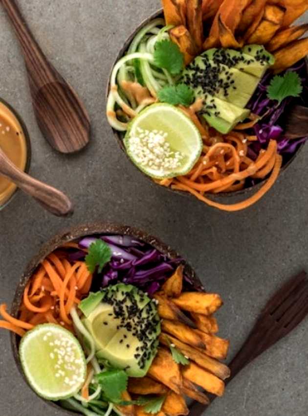 vegetable bowl with avocado and peanut sauce