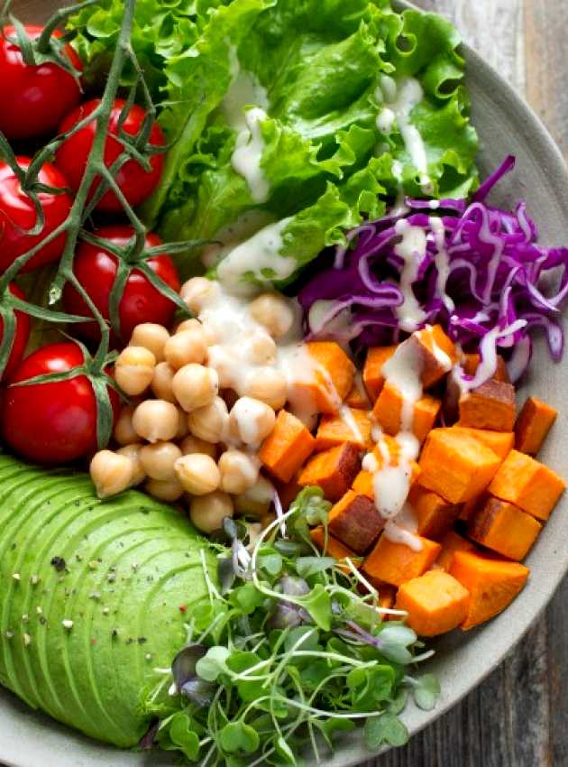 bowl of vegetables, avocado, chickpeas and tofu