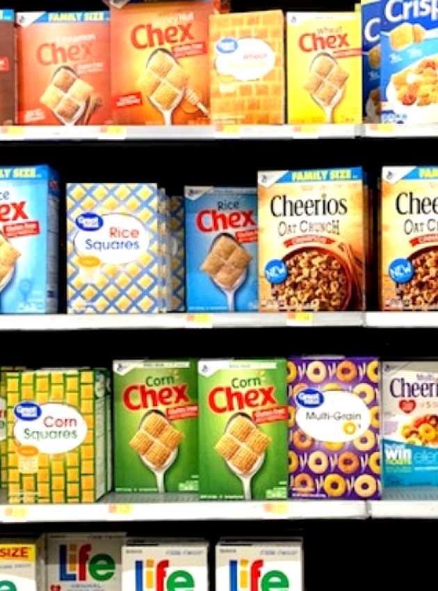 ultra-processed products in a grocery store, cereal boxes