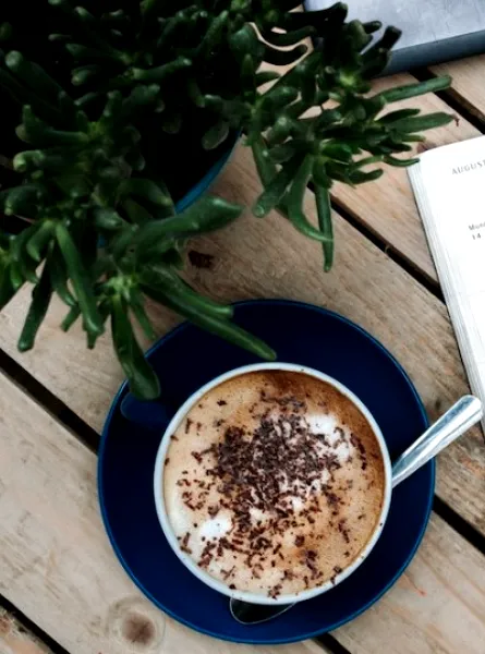 A coffee, agenda and a plant on a wood table