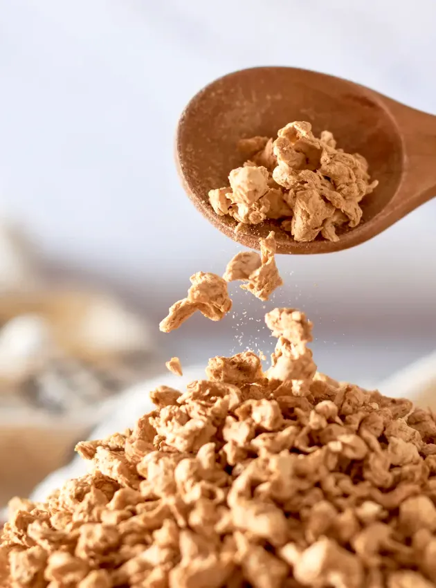 Cuillère en bois versant des protéines végétales texturées séchées - Wooden spoon pouring dried textured vegetable protein