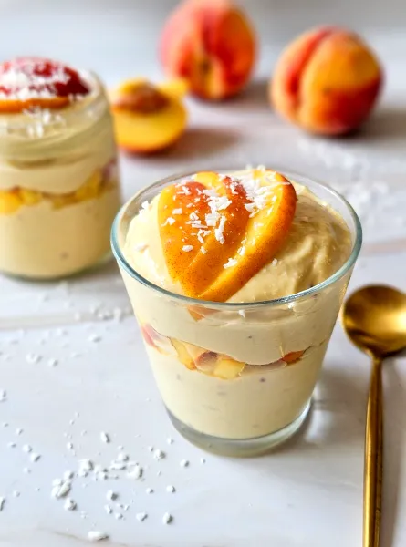 Mousse de tofu à la mangue, pêche et noix de coco Mango, Peach, and Coconut Tofu Mousse ÉquipeNutrition Teamnutrition