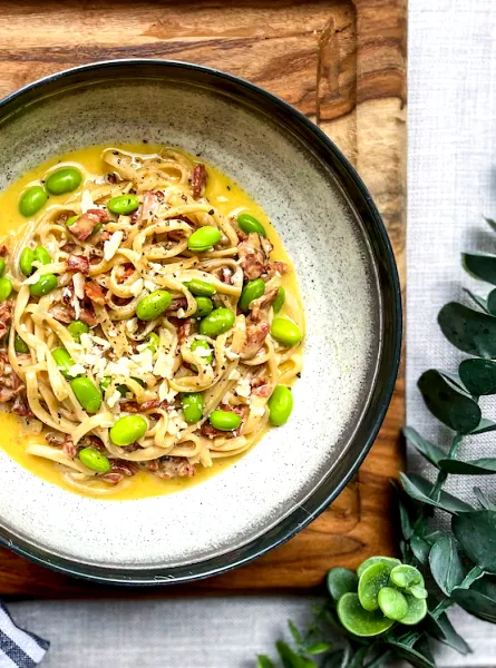 Linguine Carbonara with Turkey Bacon and Edamame