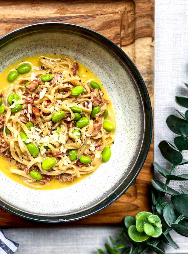 Linguine Carbonara with Turkey Bacon and Edamame