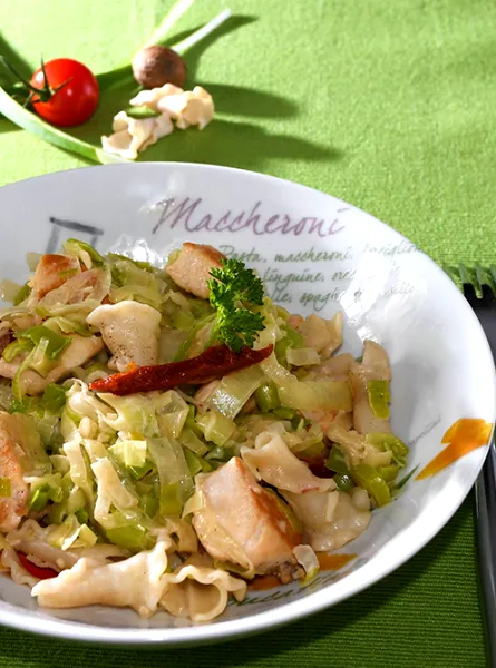 Pâtes au poireau et au poulet